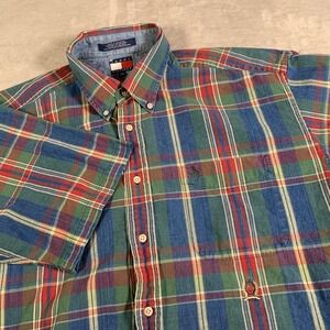 Vintage Tommy Hilfiger‎ Shirt Mens XL Green Blue Red Plaid Button Down Pocket